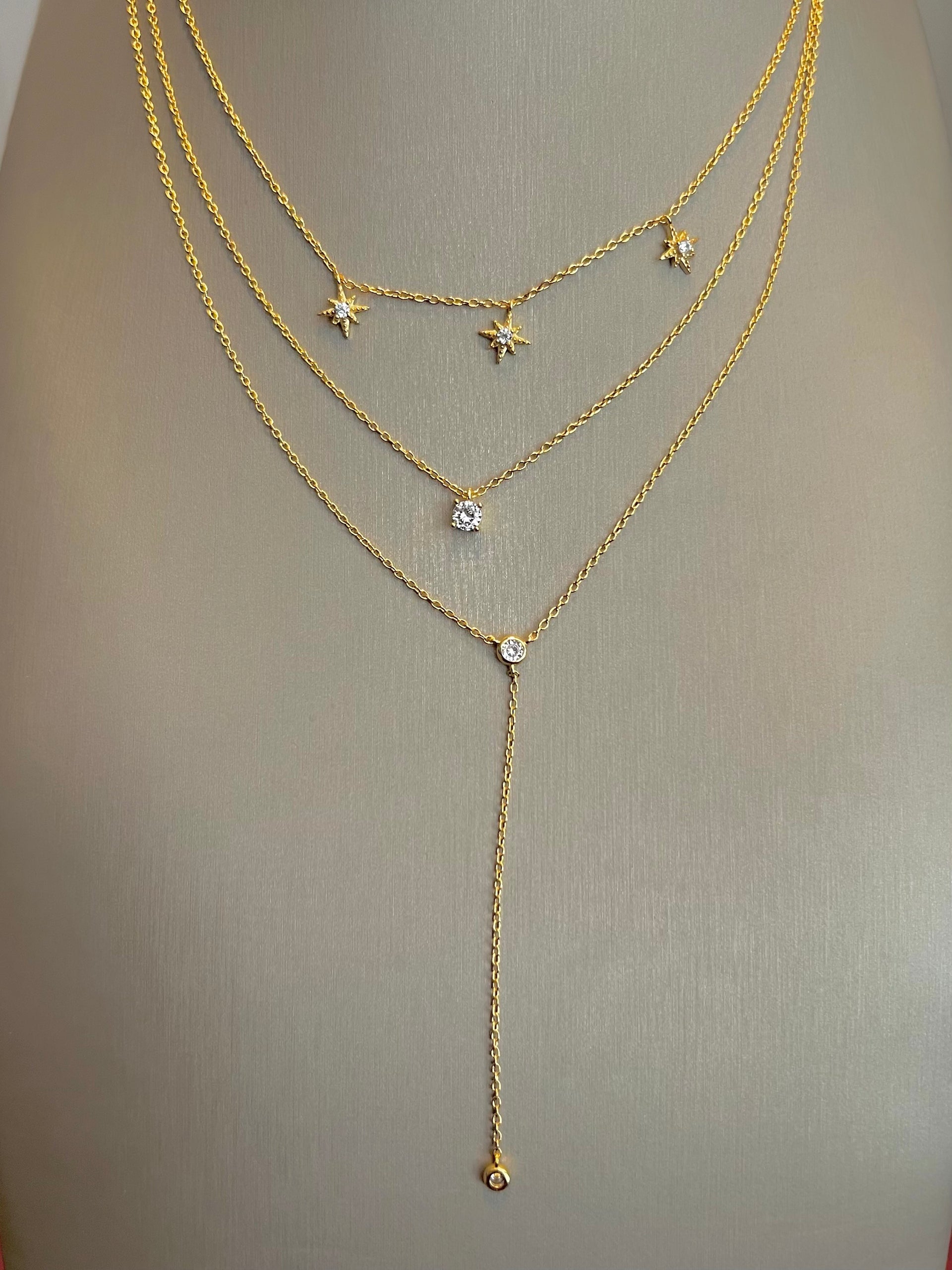 Gold 3 Layered Necklace Set Y-Chain, Stars & CZ