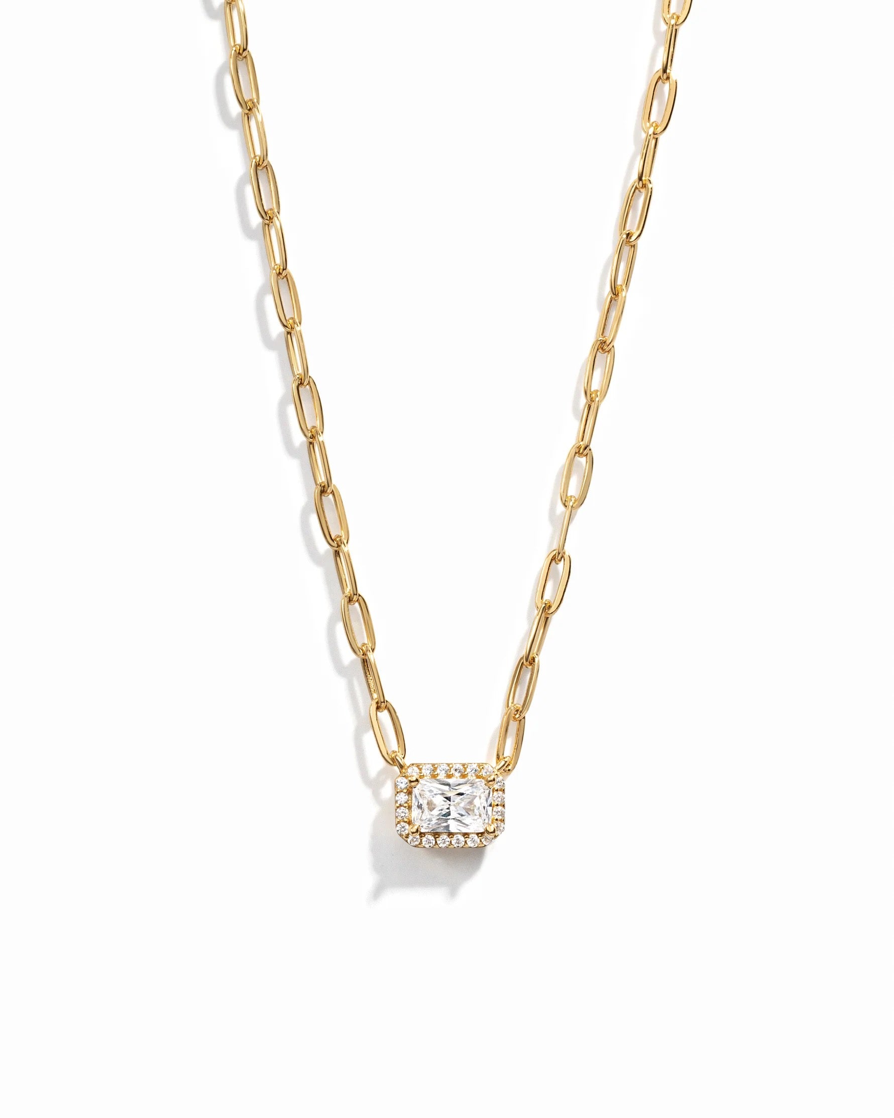 Halo Baguette Necklace W/ Paperclip Chain