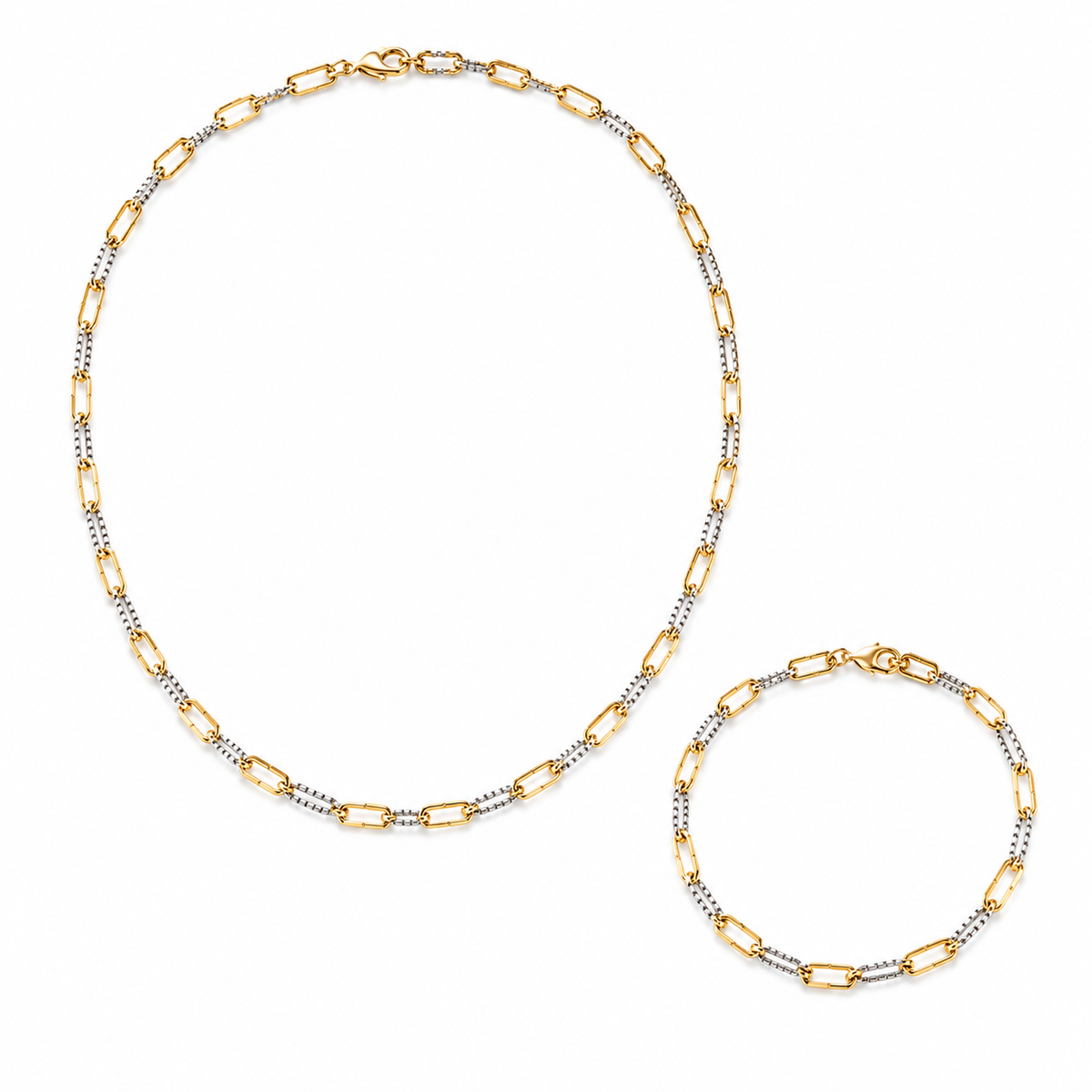 Thin Brass Two Tone Textured Paperclip Necklace & Bracelet Set