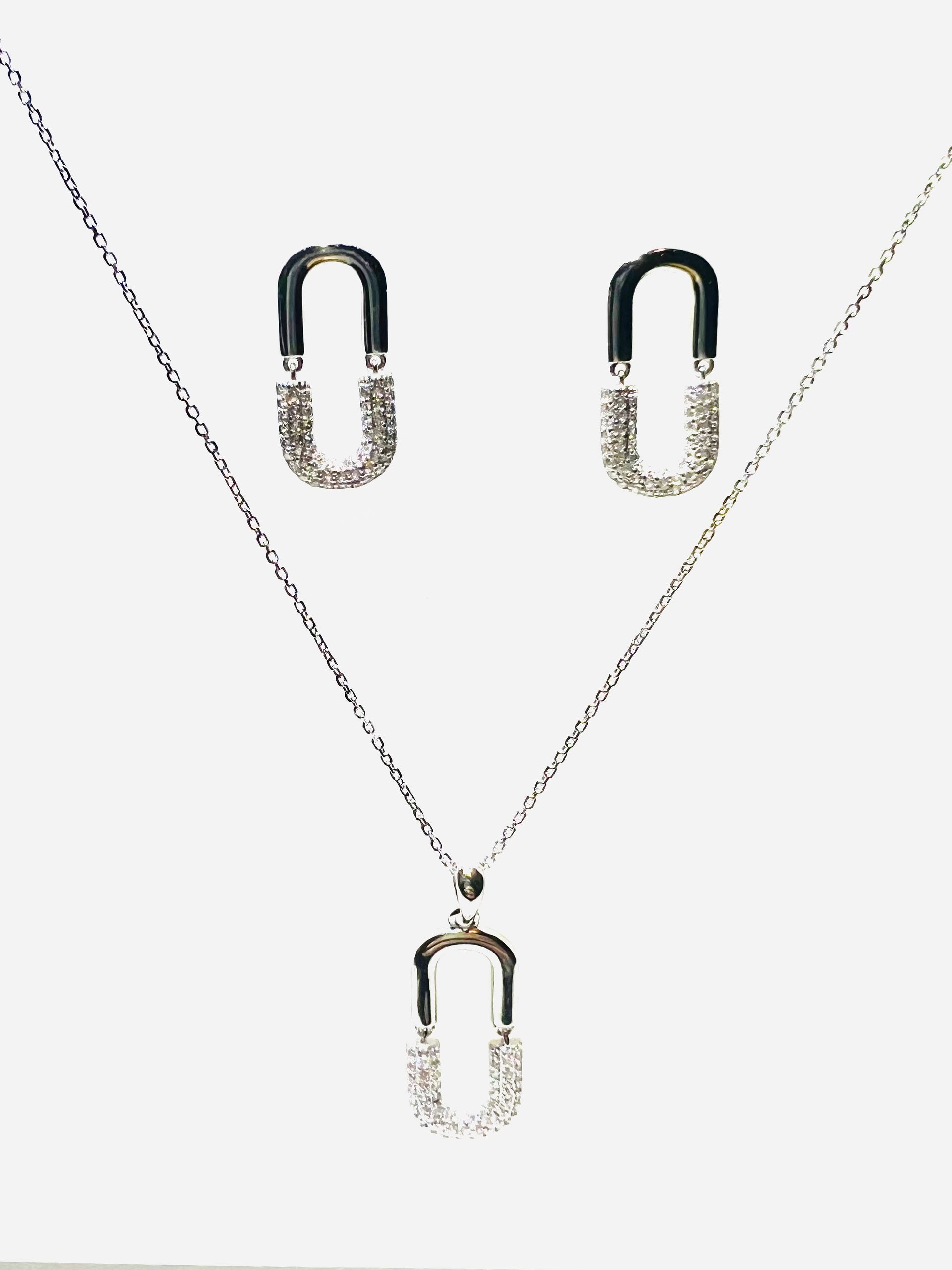 Half CZ& Silver Oval Necklace and Earring Set