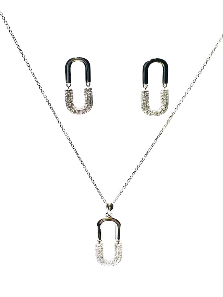 Half CZ & Silver Oval Necklace and Earring Set