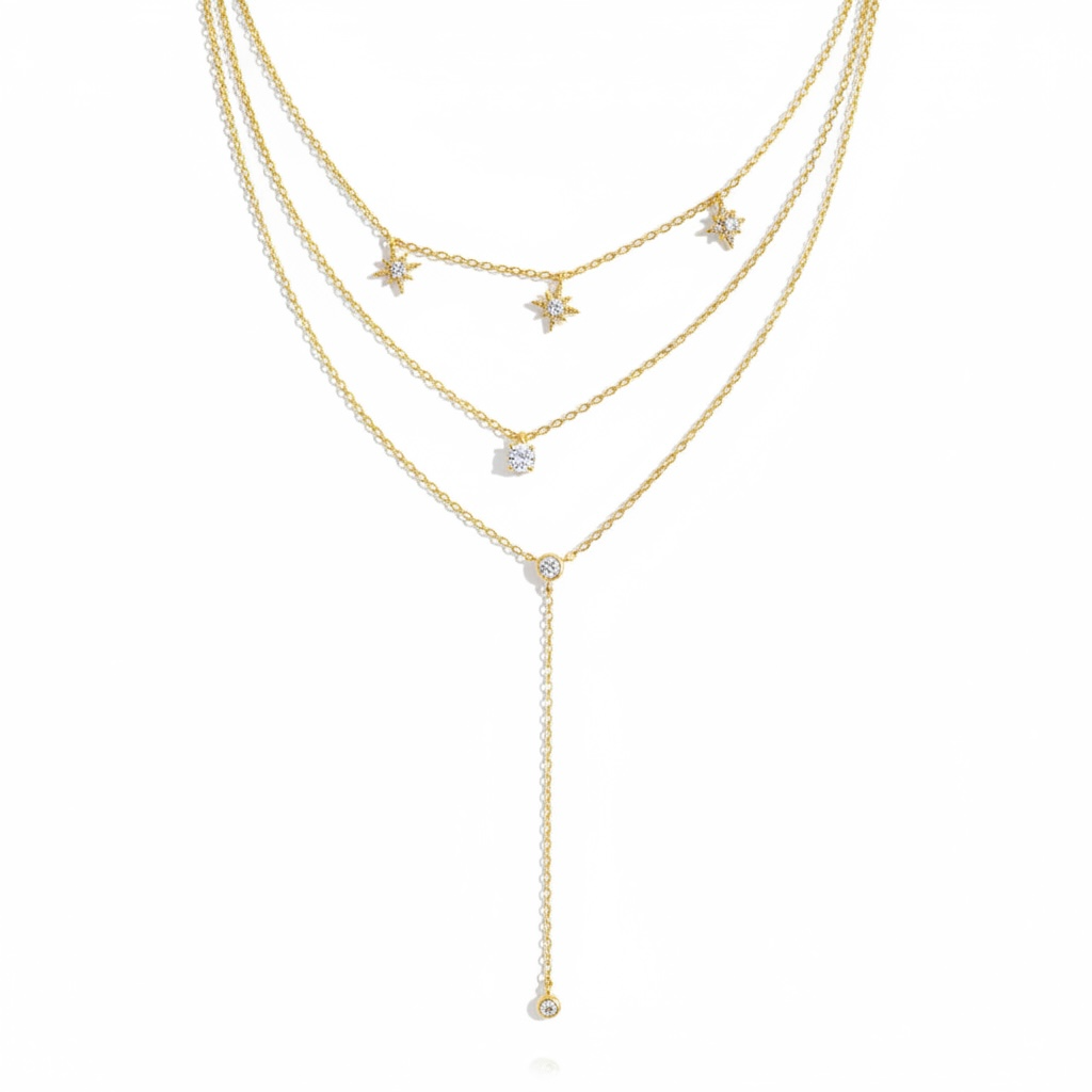 Gold 3 Layered Necklace Set Y-Chain, Stars & CZ
