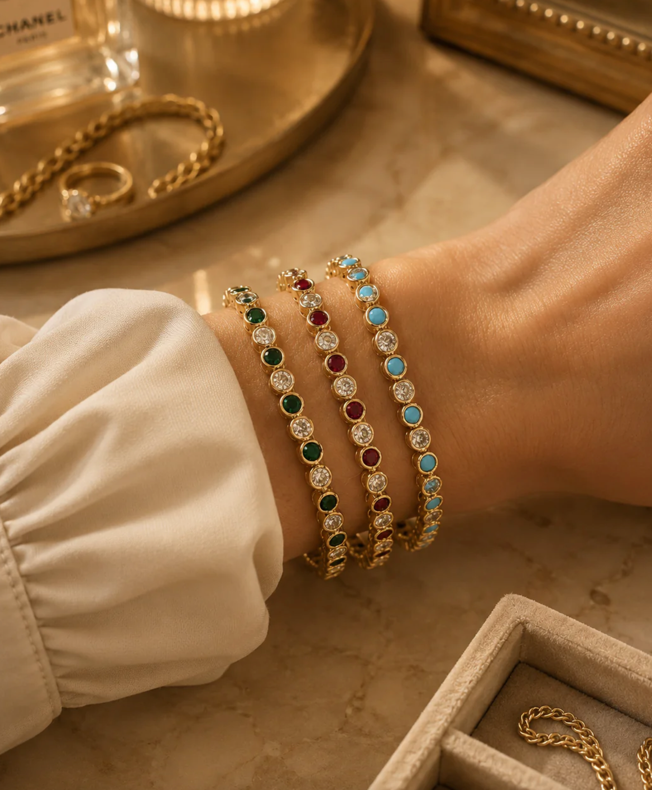 3mm Tennis Round Cubic Zirconia Bracelet , Multiple Stone Turquoise