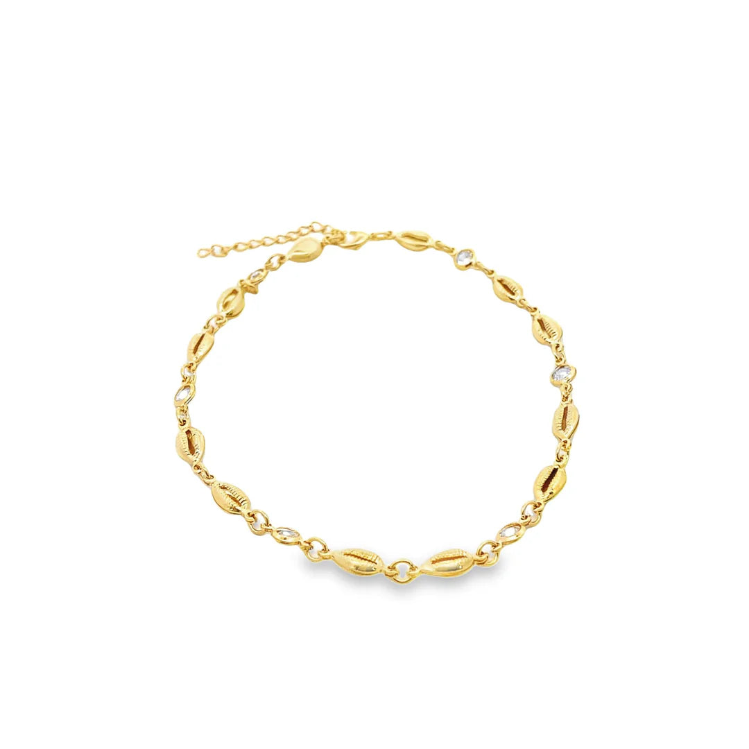 18K Gold Filled Sea Ocean Puka Shell Charm Necklace With Round Clear CZ Stones