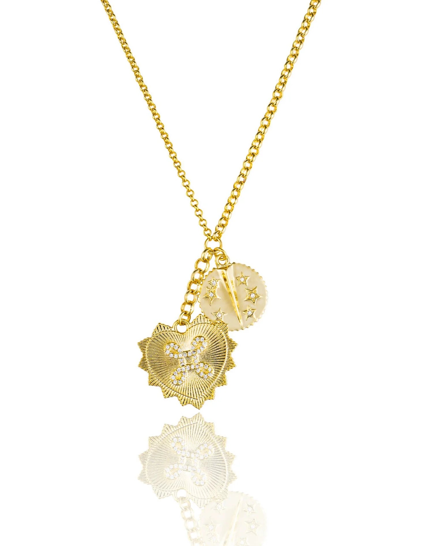 Fluted Heart and Coin Charm Rolo Chain Necklace